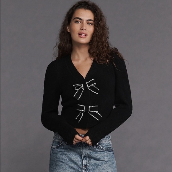 🎀 EXPRESS Bow V-Neck Puff Shoulder Cardigan Sweater in Black Large L - Picture 1 of 14